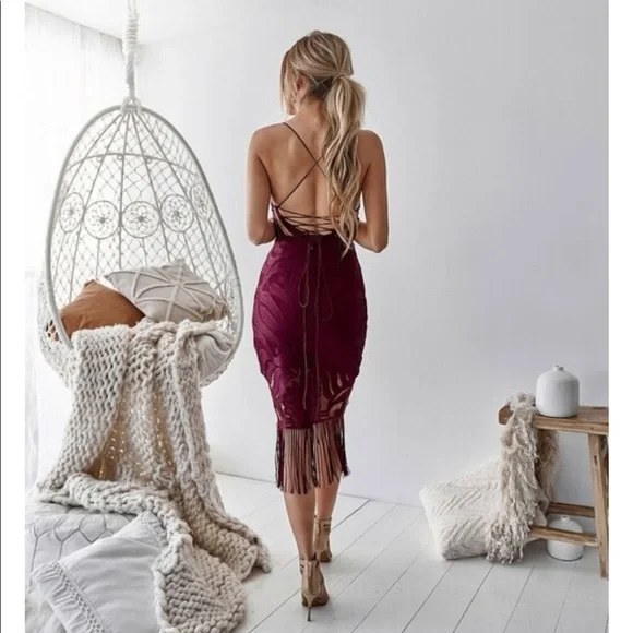 knee length dresses for ladies Lady Black Tie - Khaleesi Dress - Mercury - Lace Dress with Fringe - Final Sale main image 1